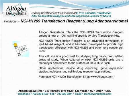 Products > NCI-H1299 Transfection Reagent (Lung Adenocarcinoma)
