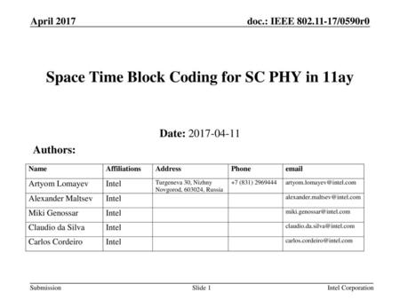 Space Time Block Coding for SC PHY in 11ay