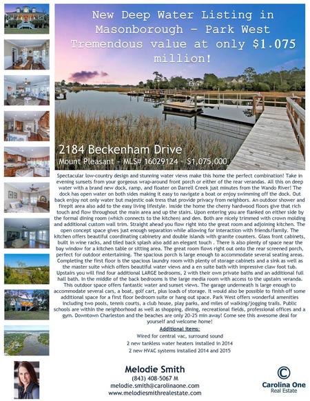 2184 Beckenham Drive Mount Pleasant ~ MLS# ~ $1,075,000