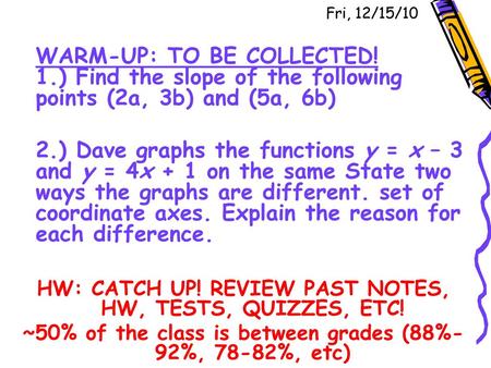 Fri, 12/15/10 WARM-UP: TO BE COLLECTED! 1.) Find the slope of the following points (2a, 3b) and (5a, 6b) 2.) Dave graphs the functions y = x – 3 and y.