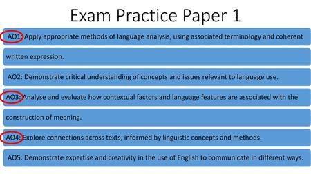 Exam Practice Paper 1 AO1: Apply appropriate methods of language analysis, using associated terminology and coherent written expression. AO2: Demonstrate.