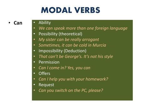 MODAL VERBS Can Ability We can speak more than one foreign language