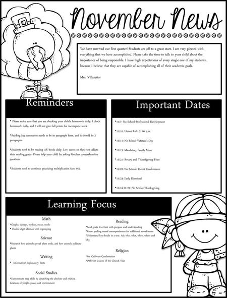 Reminders Important Dates Learning Focus Math Reading Religion Science