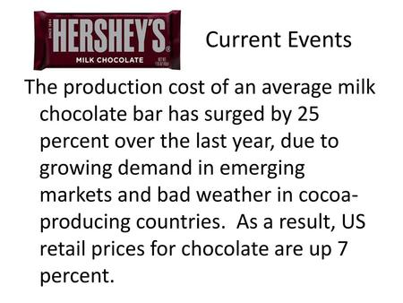 Current Events The production cost of an average milk chocolate bar has surged by 25 percent over the last year, due to growing demand in emerging markets.