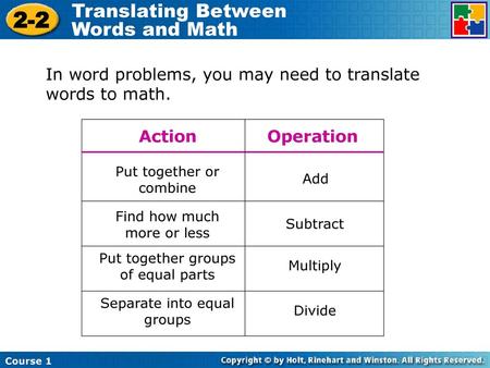2-2 Translating Between Words and Math