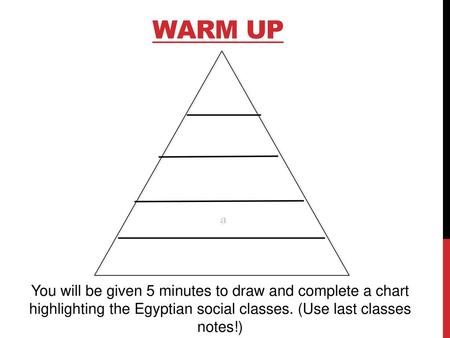 Warm Up a You will be given 5 minutes to draw and complete a chart highlighting the Egyptian social classes. (Use last classes notes!)