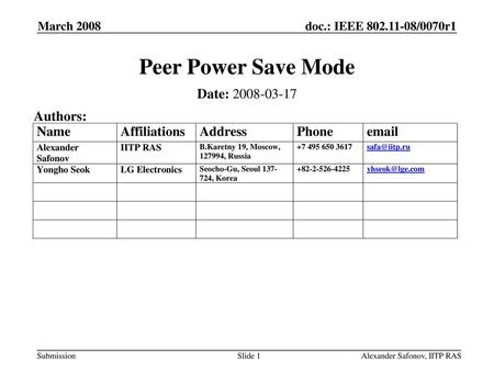 Peer Power Save Mode Date: Authors: March 2008 March 2008