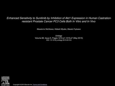 Enhanced Sensitivity to Sunitinib by Inhibition of Akt1 Expression in Human Castration- resistant Prostate Cancer PC3 Cells Both In Vitro and In Vivo 