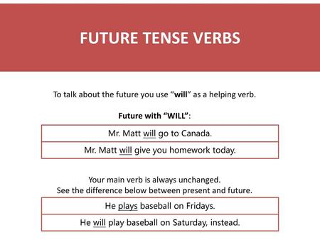 FUTURE TENSE VERBS To talk about the future you use “will” as a helping verb. Future with “WILL”: Your main verb is always unchanged. See the difference.