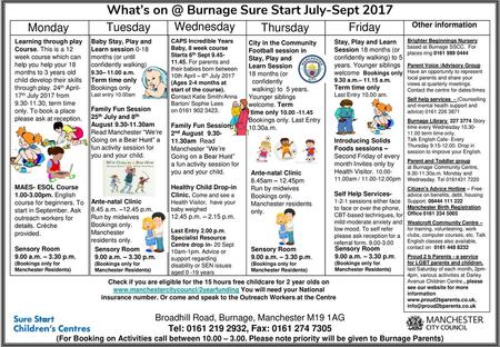 What’s Burnage Sure Start July-Sept 2017