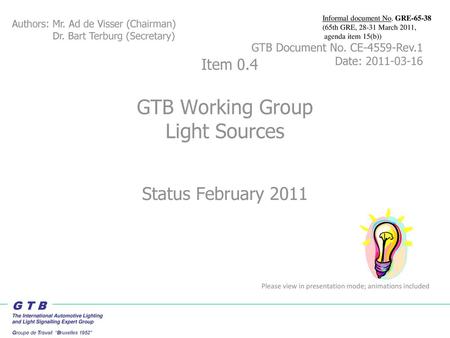 GTB Working Group Light Sources