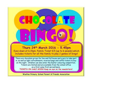 BINGO! CHOCOLATE Thurs 24th March pm