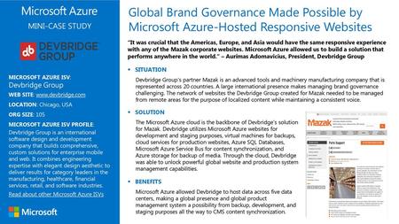 Global Brand Governance Made Possible by Microsoft Azure-Hosted Responsive Websites MINI-CASE STUDY “It was crucial that the Americas, Europe, and Asia.