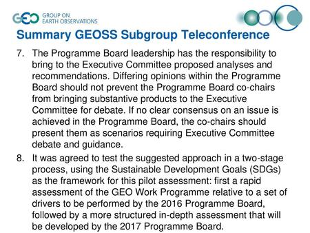 Summary GEOSS Subgroup Teleconference