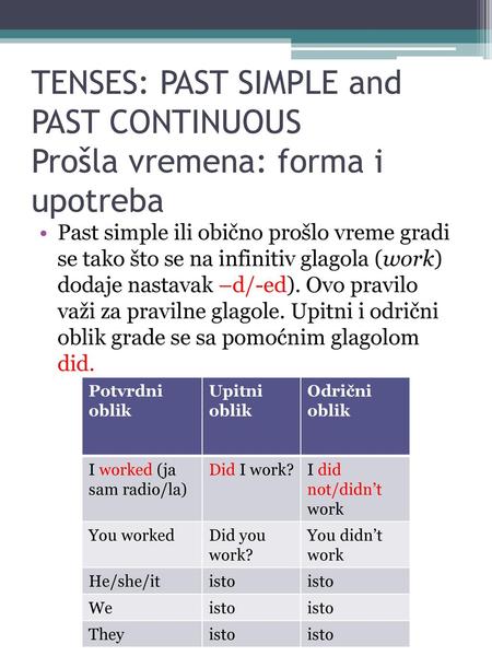 TENSES: PAST SIMPLE and PAST CONTINUOUS Prošla vremena: forma i upotreba Past simple ili obično prošlo vreme gradi se tako što se na infinitiv glagola.