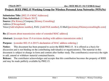  Project: IEEE P802.15 Working Group for Wireless Personal Area Networks (WPANs) Submission Title: [802.15.4 MAC Addresses] Date Submitted: