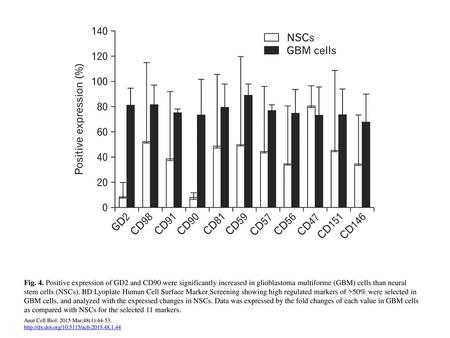 Fig. 4. Positive expression of GD2 and CD90 were significantly increased in glioblastoma multiforme (GBM) cells than neural stem cells (NSCs). BD Lyoplate.
