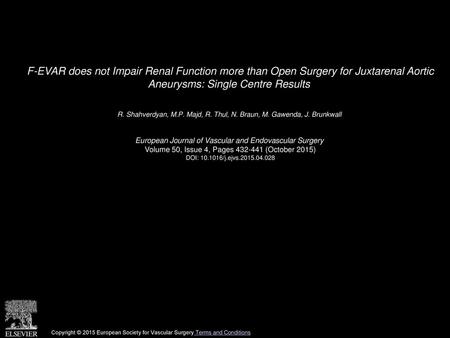 F-EVAR does not Impair Renal Function more than Open Surgery for Juxtarenal Aortic Aneurysms: Single Centre Results  R. Shahverdyan, M.P. Majd, R. Thul,
