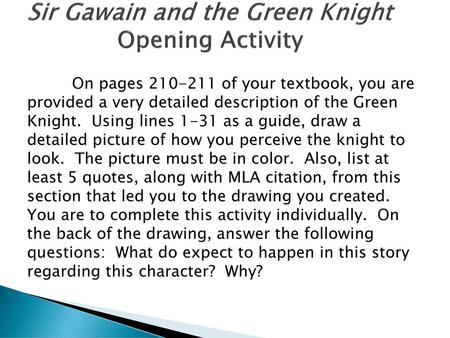 Sir Gawain and the Green Knight Opening Activity