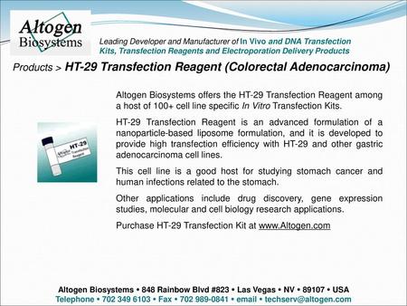Products > HT-29 Transfection Reagent (Colorectal Adenocarcinoma)