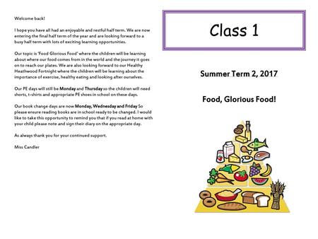 Class 1 Summer Term 2, 2017 Food, Glorious Food! Welcome back!