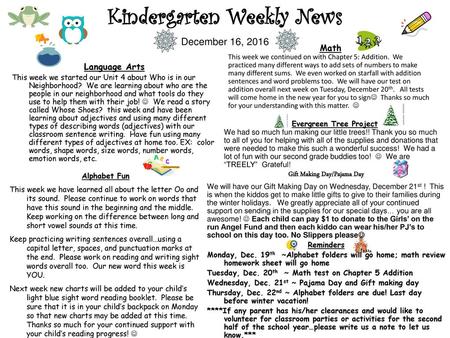 Kindergarten Weekly News December 16, 2016