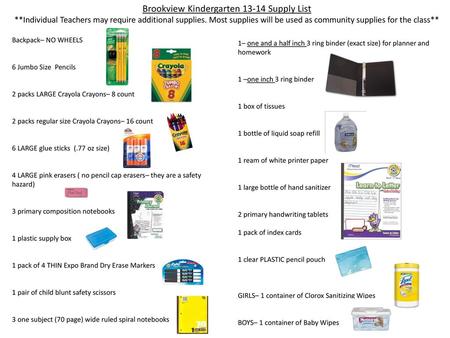 Brookview Kindergarten Supply List