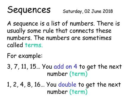 Sequences Saturday, 02 June 2018