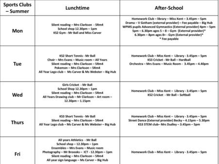 Sports Clubs – Summer Lunchtime After-School Mon Tue Wed Thurs Fri