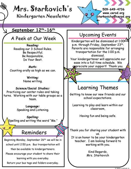 Mrs. Starkovich’s Learning Themes Reminders Upcoming Events