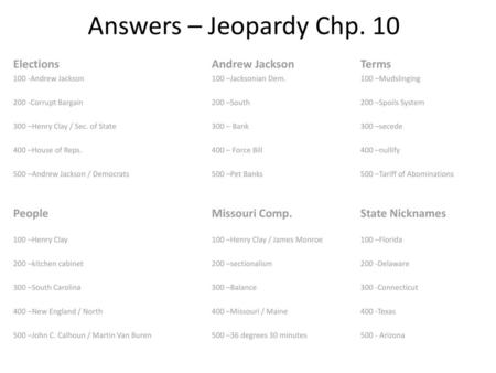 Answers – Jeopardy Chp. 10 Elections Andrew Jackson Terms