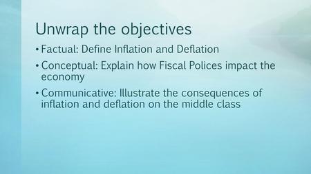Unwrap the objectives Factual: Define Inflation and Deflation
