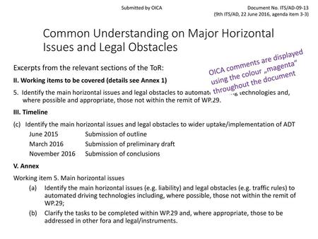 Common Understanding on Major Horizontal Issues and Legal Obstacles