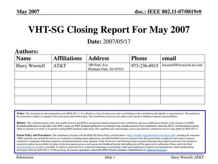VHT-SG Closing Report For May 2007