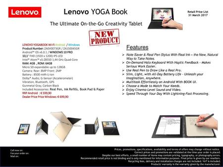 Lenovo YOGA Book Retail Price List 31 March 2017