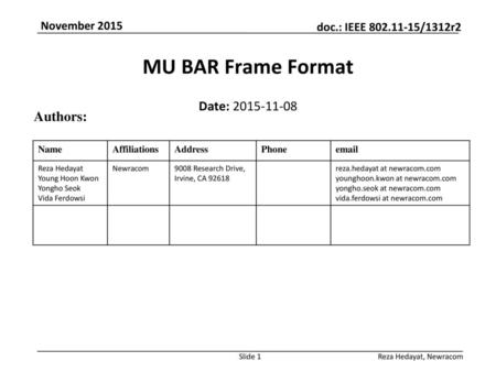 MU BAR Frame Format Date: Authors: November 2015 Month Year