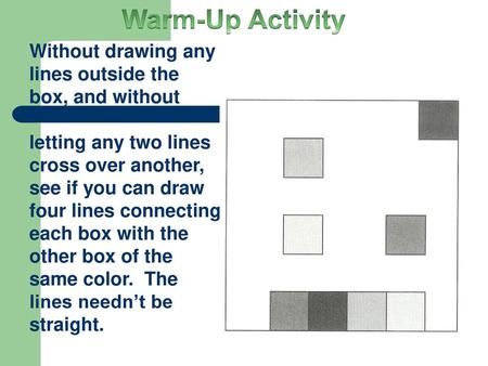 Warm-Up Activity Without drawing any lines outside the box, and without letting any two lines cross over another, see if you can draw four lines connecting.