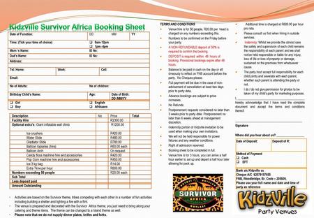 Kidzville Survivor Africa Booking Sheet