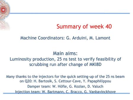 Summary of week 40 Machine Coordinators: G. Arduini, M. Lamont