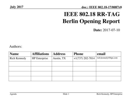 IEEE RR-TAG Berlin Opening Report