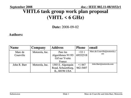 VHTL6 task group work plan proposal (VHTL < 6 GHz)