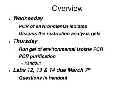 Overview Wednesday Thursday Labs 12, 13 & 14 due March 7th
