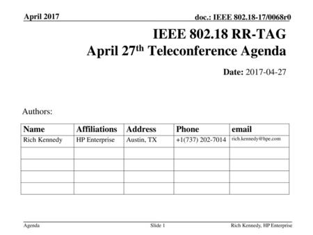 IEEE RR-TAG April 27th Teleconference Agenda