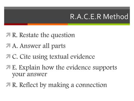 R.A.C.E.R Method R. Restate the question A. Answer all parts