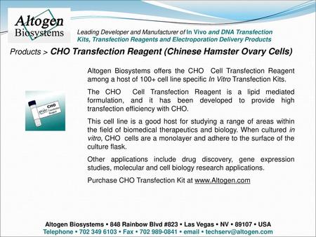 Products > CHO Transfection Reagent (Chinese Hamster Ovary Cells)