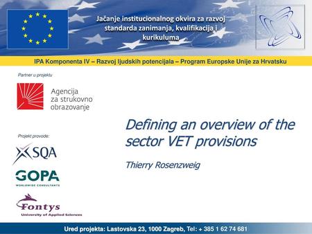 Defining an overview of the sector VET provisions Thierry Rosenzweig