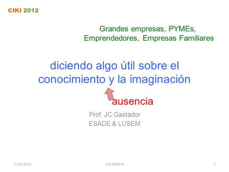 Diciendo algo útil sobre el conocimiento y la imaginación Prof. JC Gastador ESADE & LUSEM 2-Oct-2012CIKI Madrid1 Grandes empresas, PYMEs, Emprendedores,