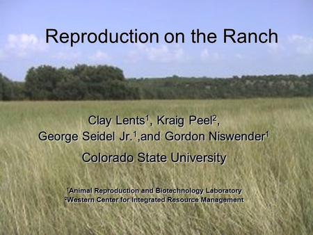 Reproduction on the Ranch Clay Lents 1, Kraig Peel 2, George Seidel Jr. 1,and Gordon Niswender 1 Colorado State University 1 Animal Reproduction and Biotechnology.