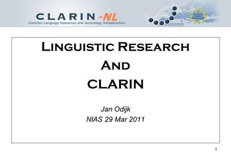 1 Linguistic Research And CLARIN Jan Odijk NIAS 29 Mar 2011.
