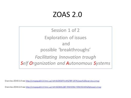 ZOAS 2.0 Session 1 of 2 Exploration of issues and possible ‘breakthroughs’ Facilitating Innovation trough Self Organization and Autonomous Systems Overview.